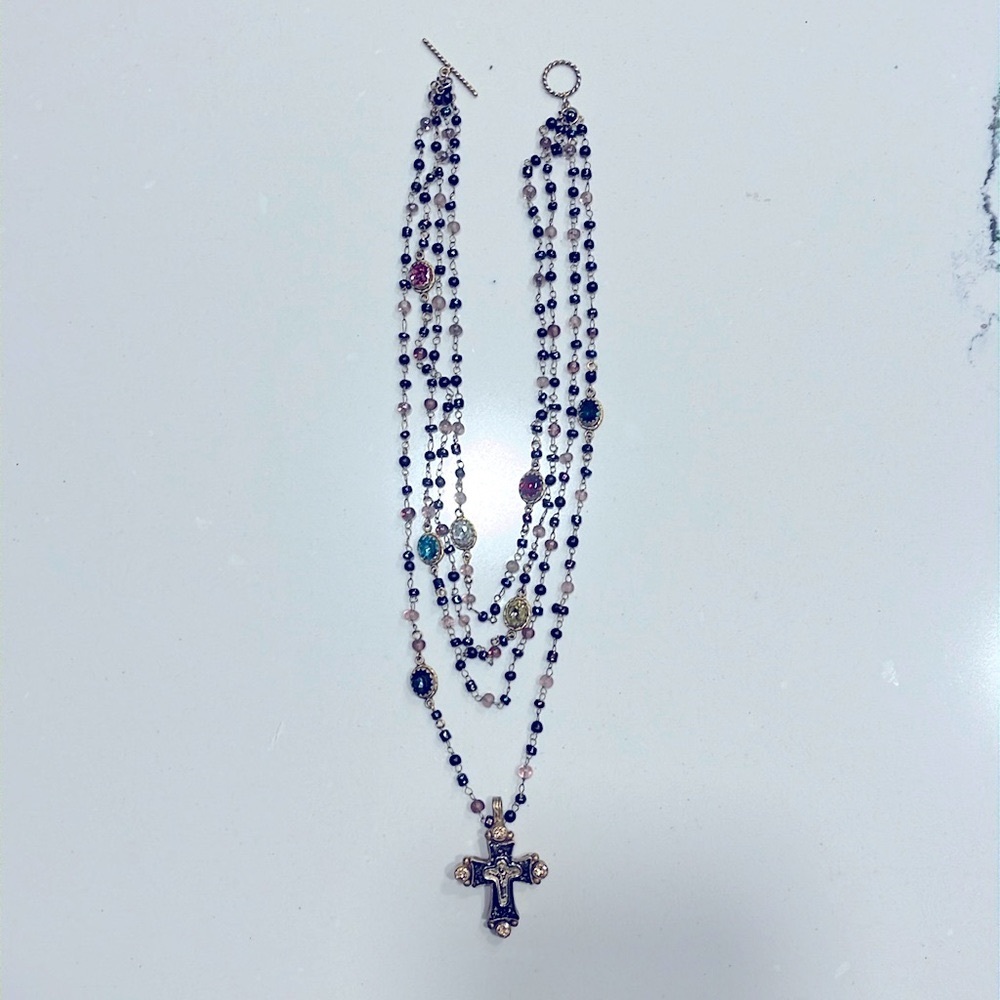 multi-strand colored beads Mexican rosary necklace with removable cross.